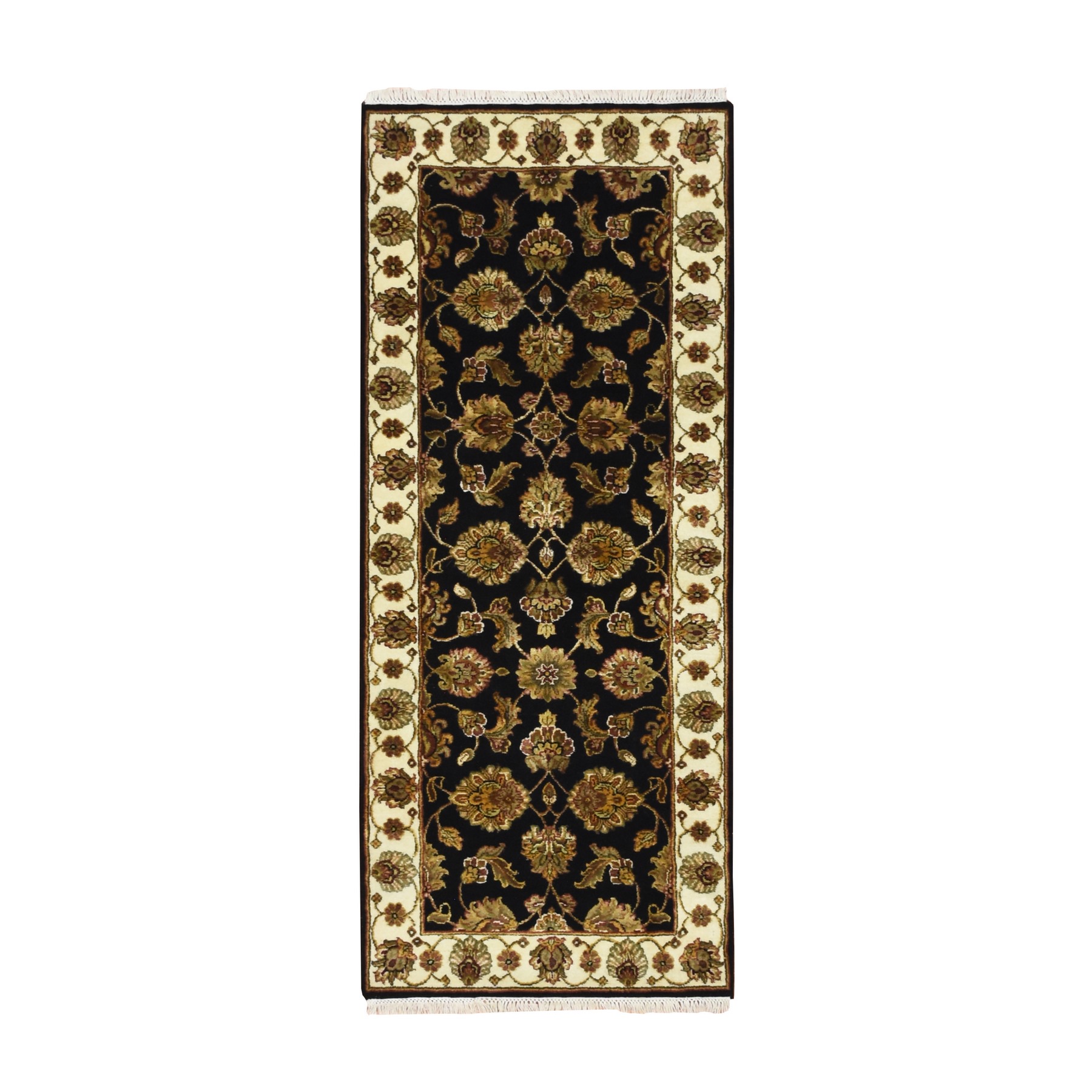 Caviar Black, Rajasthan with All Over Leaf Design, Hand Knotted, Soft Pile, Wool and Silk, Thick and Plush, Runner, Oriental Rug